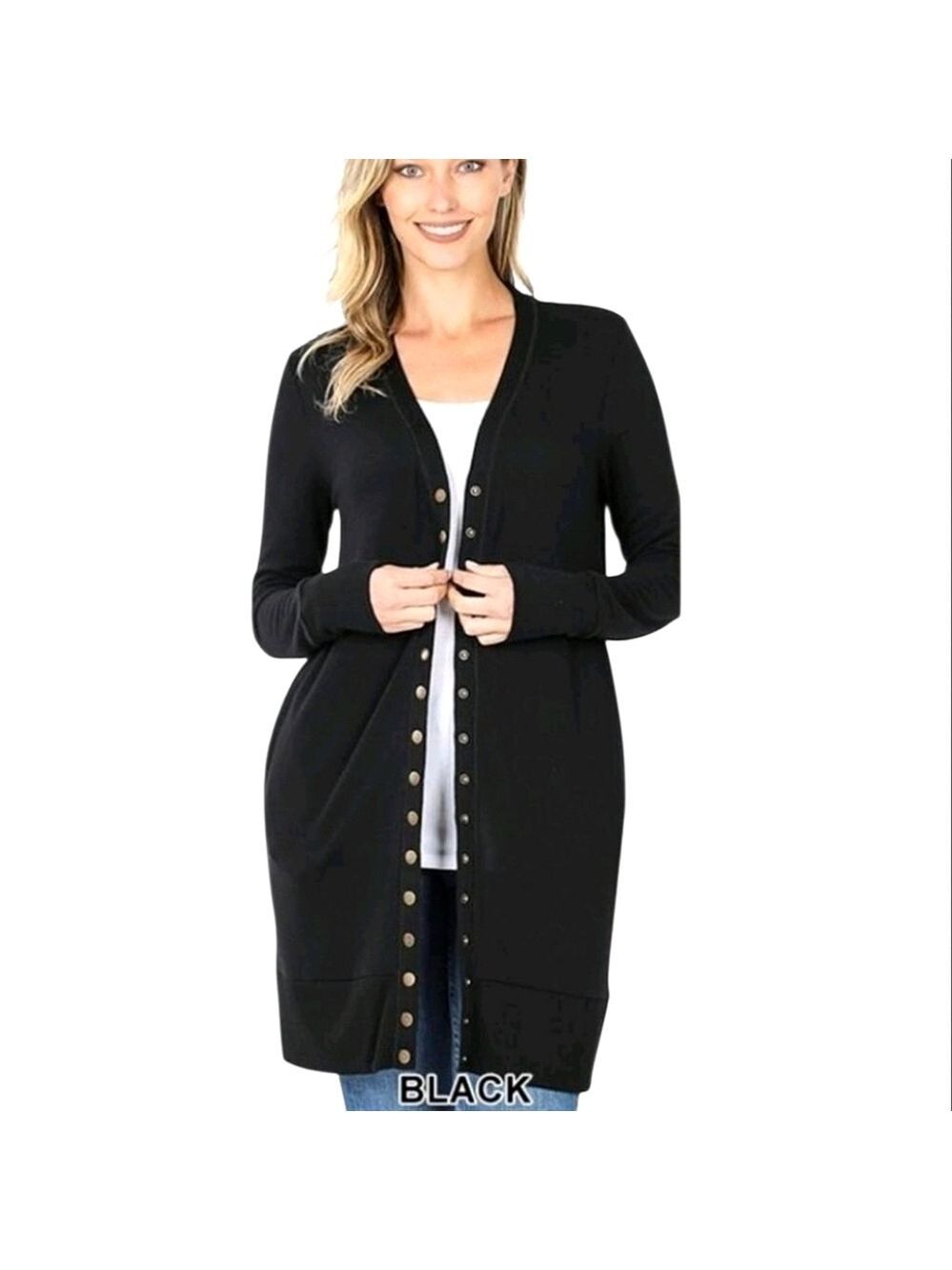 ZENANA Black Duster Length Snap Button Cardigan Sweater Size Small NWT